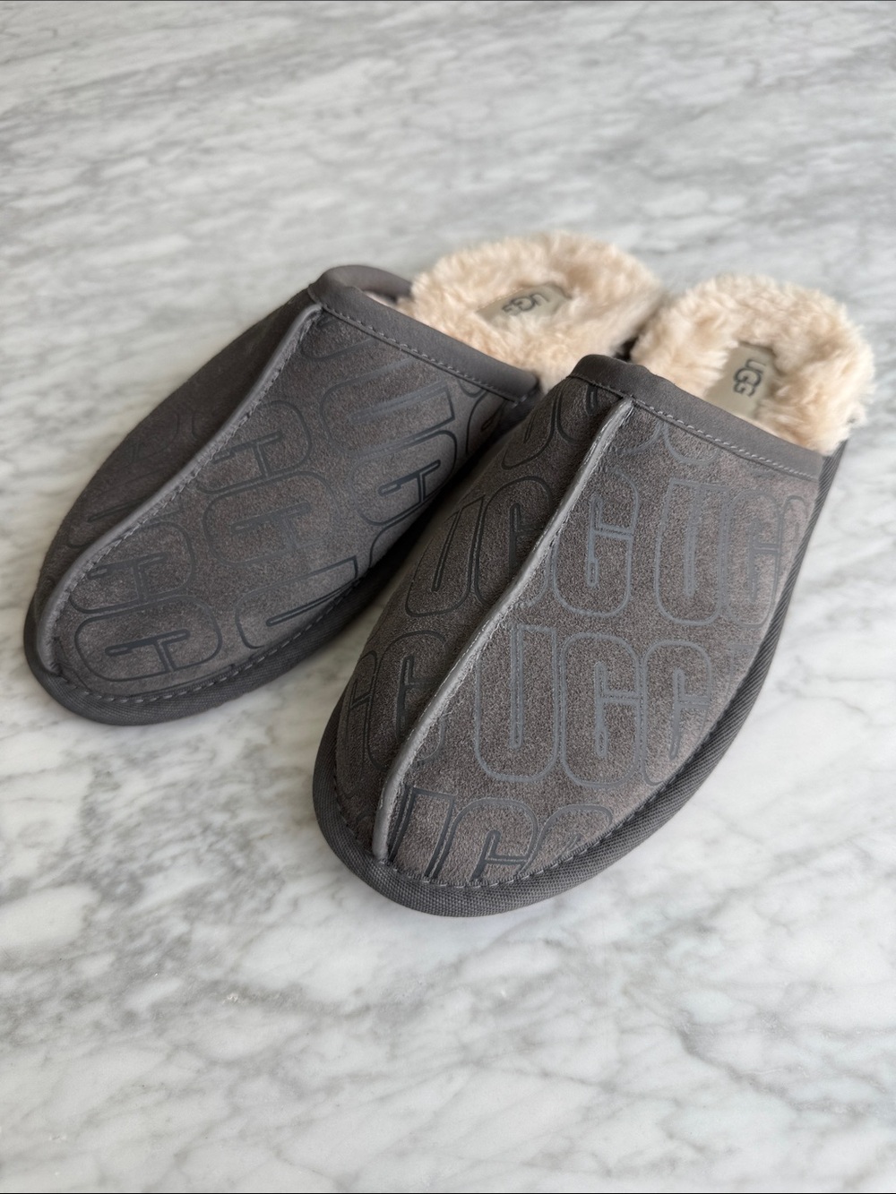 UGG Men’s Gray Logo Suede Slip-On Shearling Lined Slippers